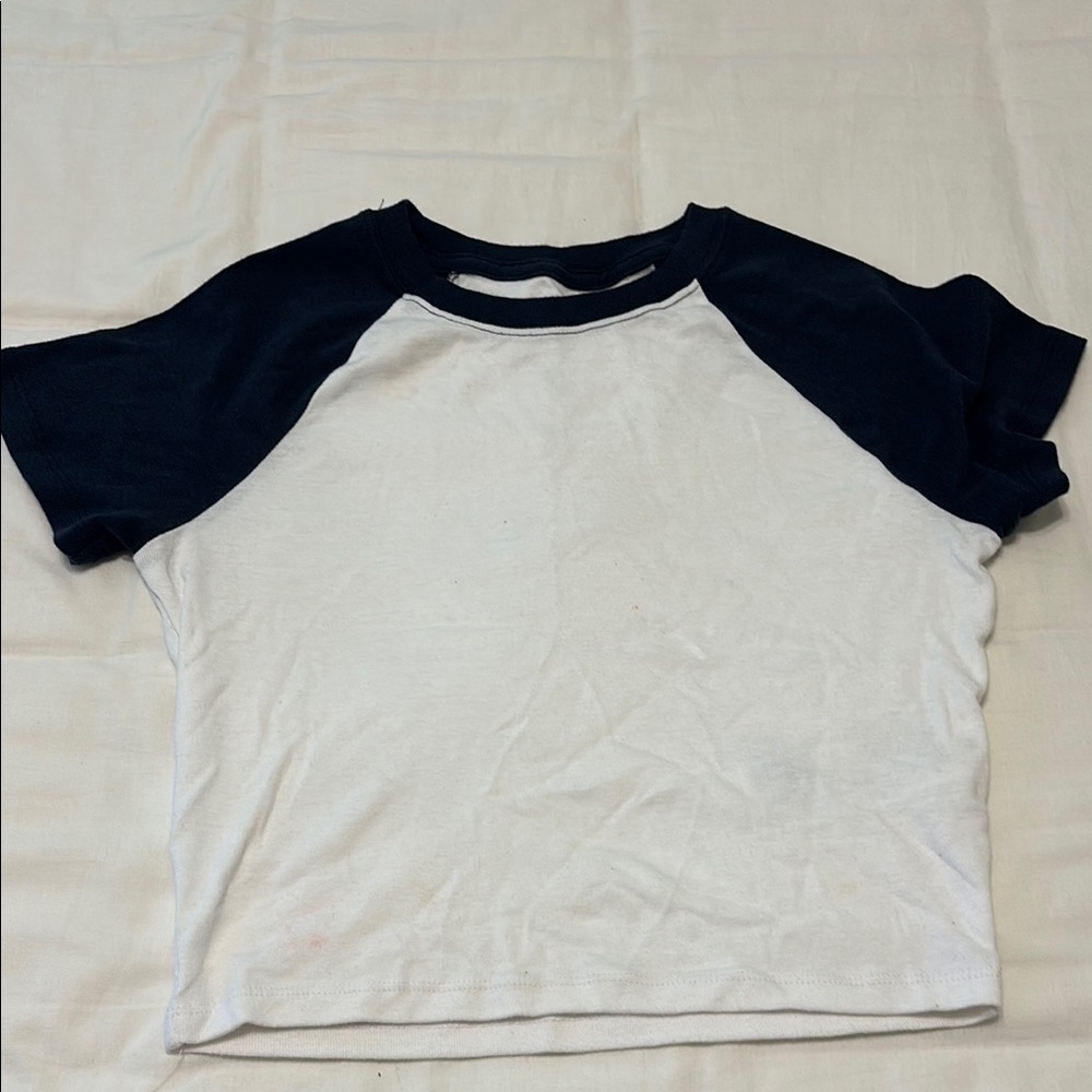 Navy Blue and White Cropped Baseball Top